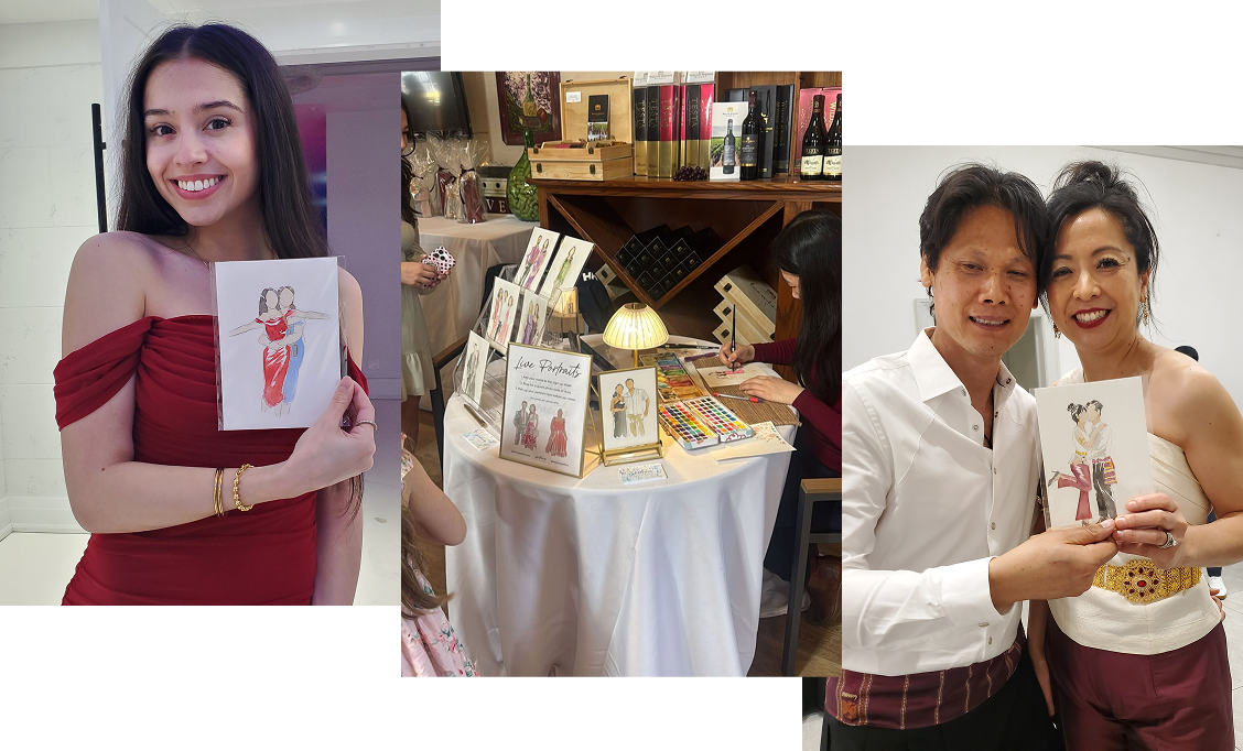Live watercolour guest portrait artist Tiffany in Toronto painting custom portraits for wedding and bridal shower guests